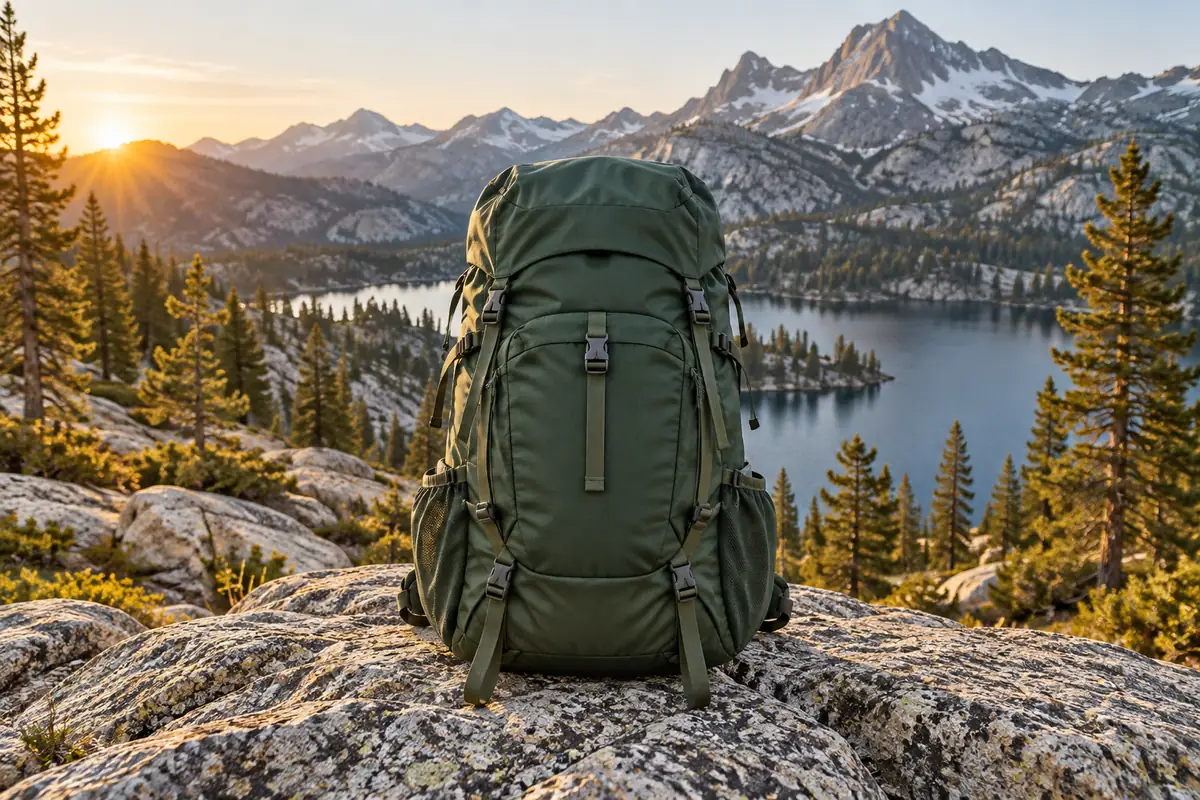 Green overnight backpack above a Sierra lake at sunrise