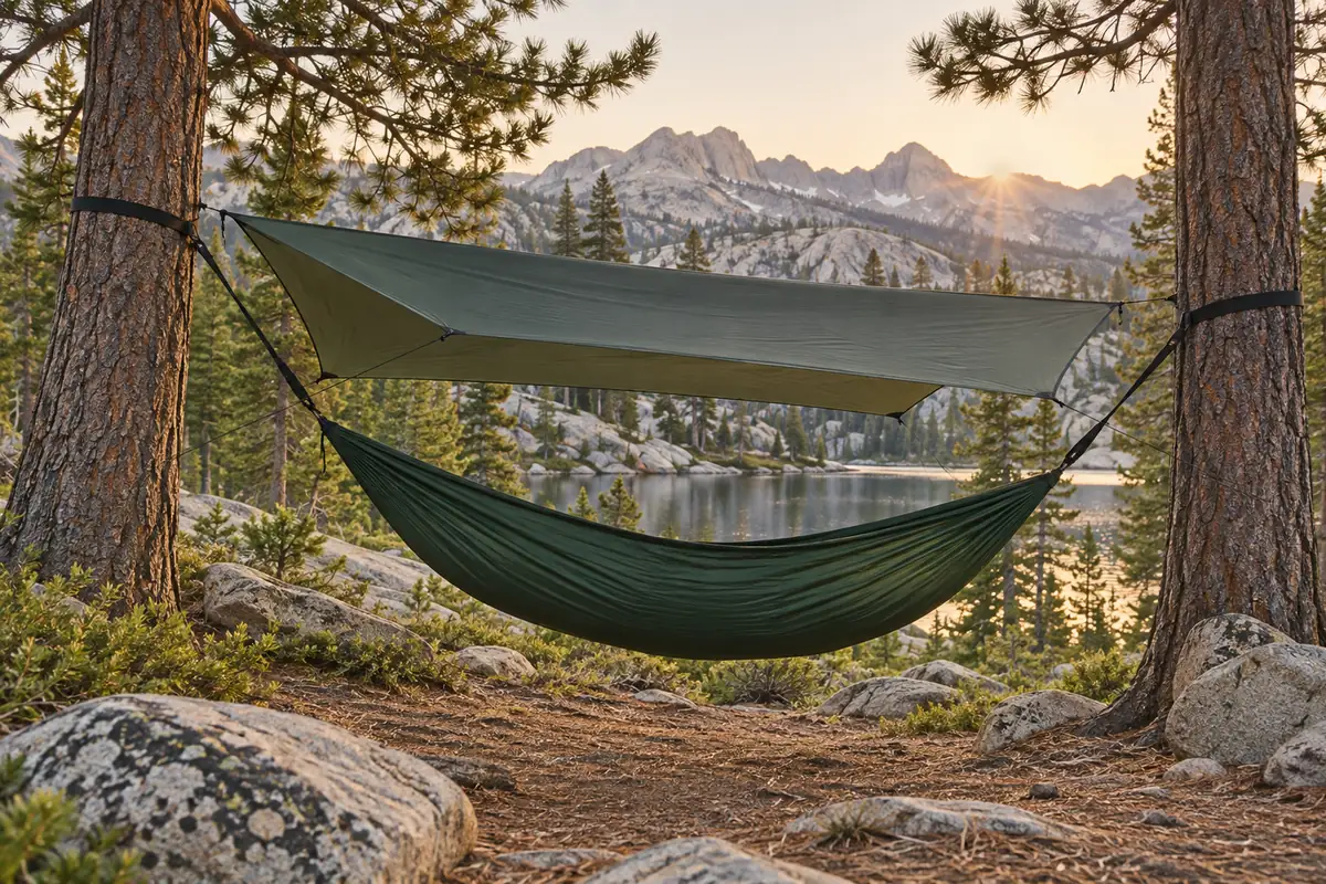 Green hammock and tarp hung low between pine trees
