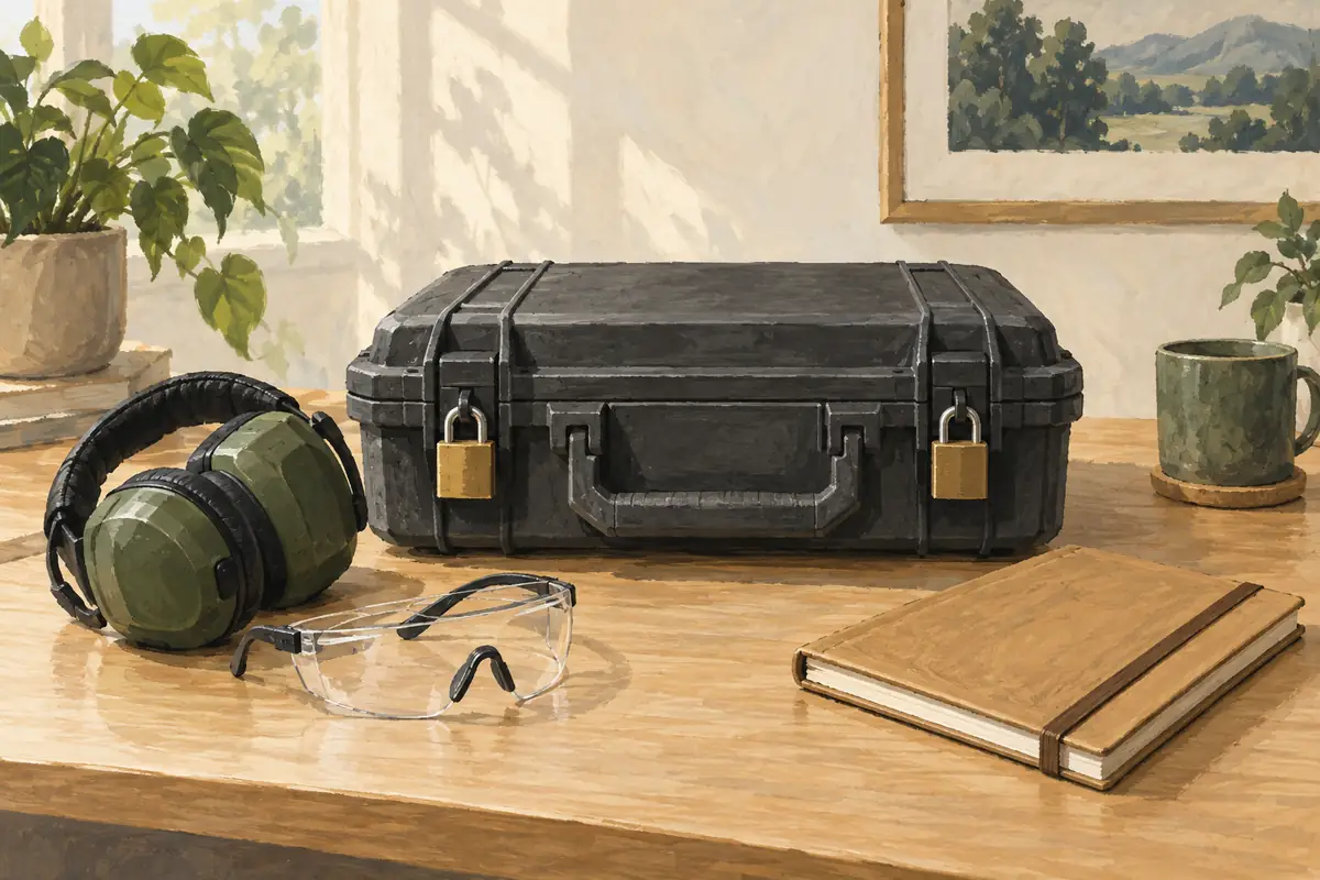 Illustration of a locked handgun case, ear protection, safety glasses, and notebook on a desk