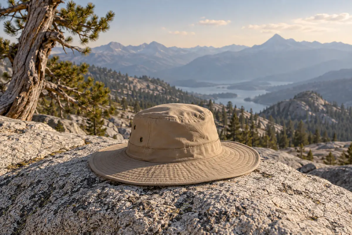 Tan hiking hat on granite above a mountain lake