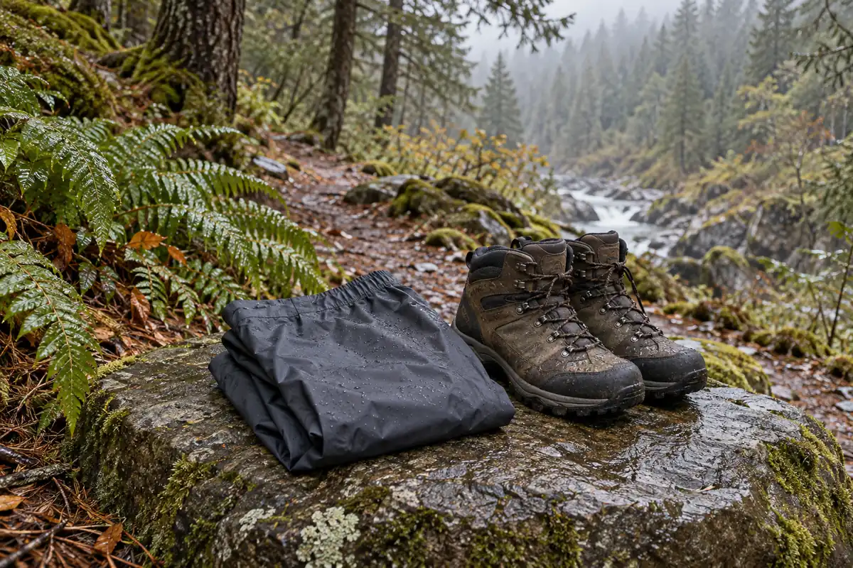 Folded rain pants beside boots on a wet woodland rock